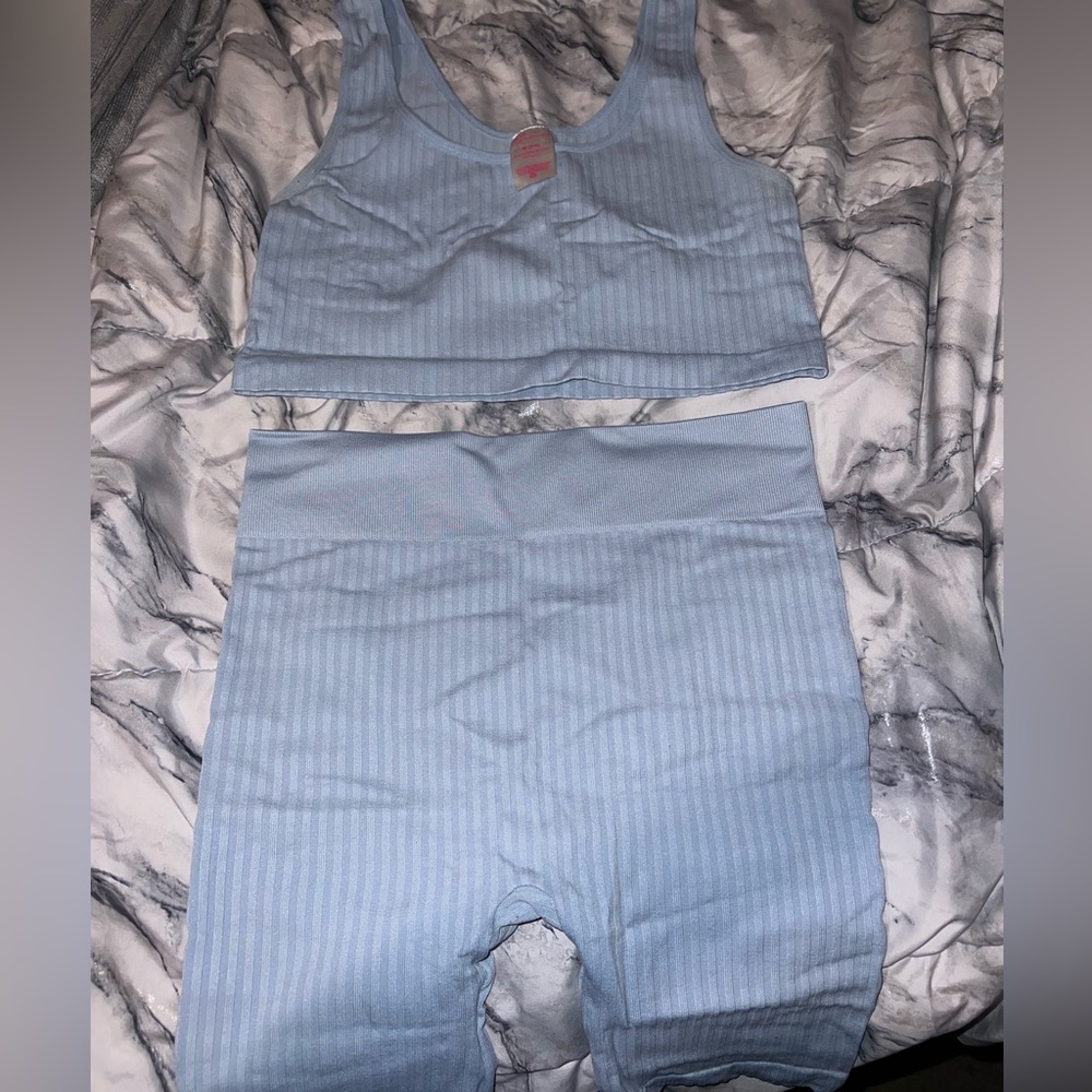 Light Blue Ribbed Tank and Shorts Set